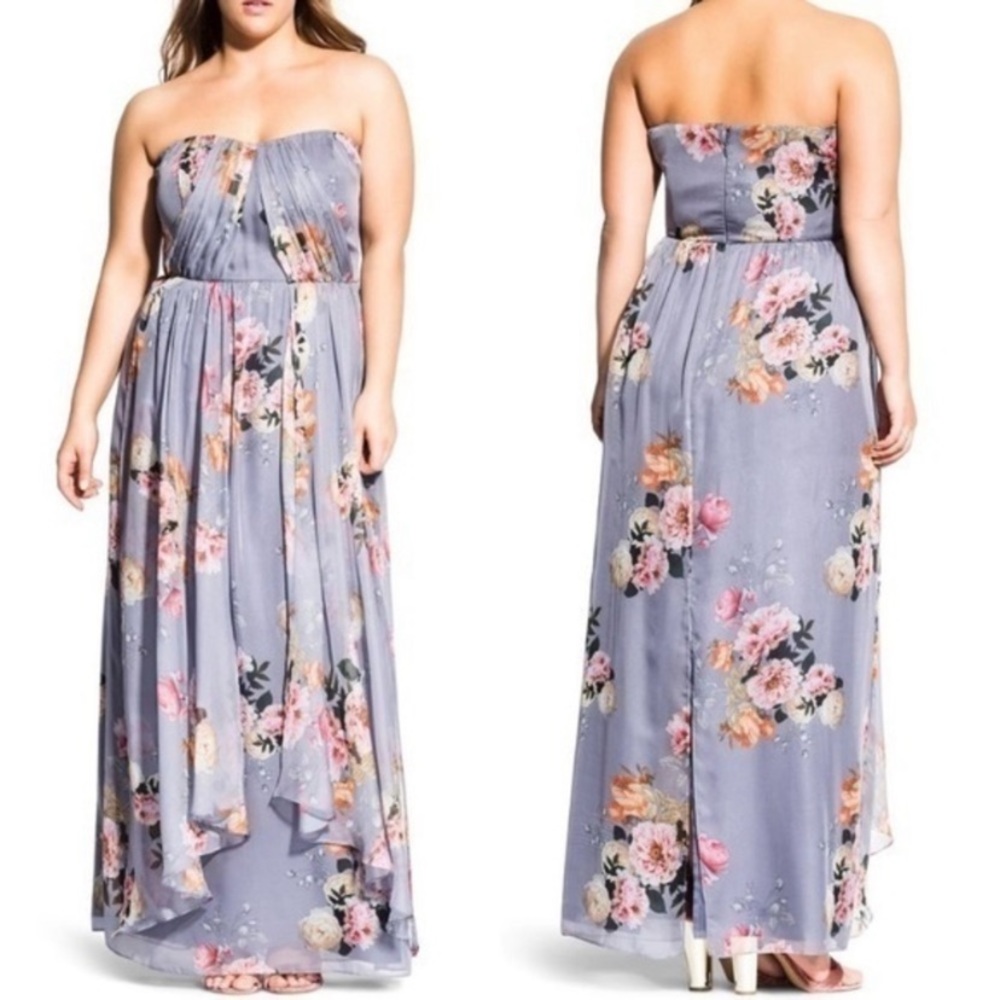 City Chic Strapless Floral Purple Maxi Dress